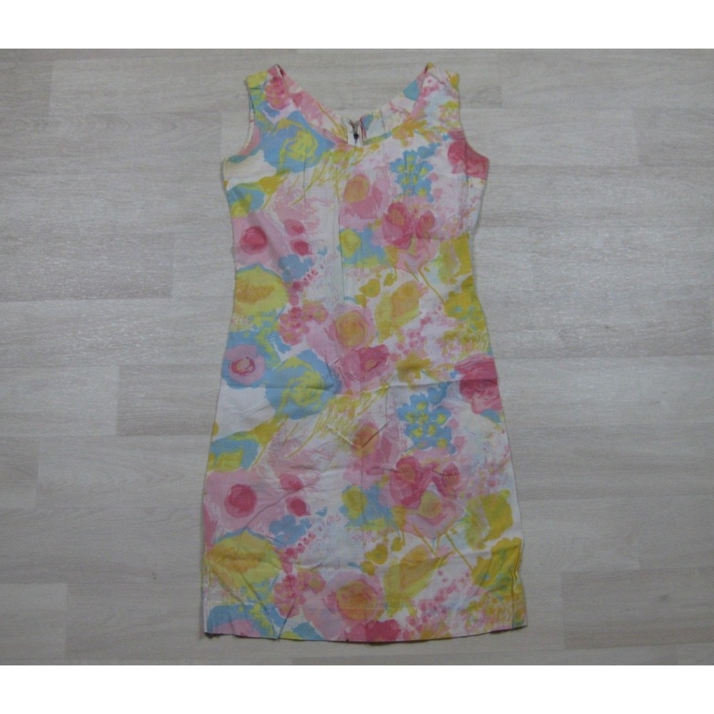 Vintage 60s Mini Sheath Shift Dress (S) Cotton Sleeveless MOD Abstract Floral